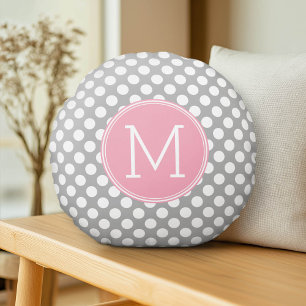 Pastel Pink & Grey Polka Dots with Custom Monogram Round Cushion