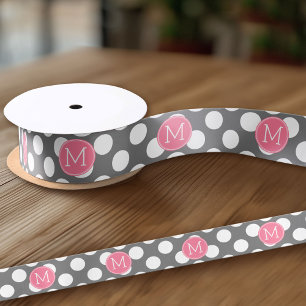 Pastel Pink & Grey Polka Dots with Custom Monogram Satin Ribbon