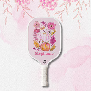 Pastel Pink Halloween Ghost with Custom Name Pickleball Paddle