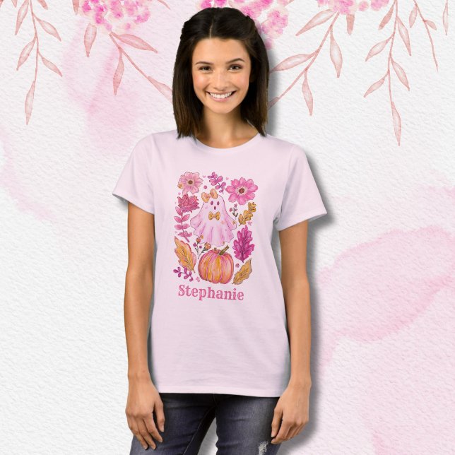 Pastel Pink Halloween Ghost with Custom Name T-Shirt (Creator Uploaded)