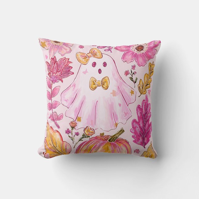 Pastel Pink Halloween Ghost with Flowers and Pumpk Cushion (Front)