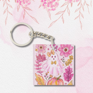 Pastel Pink Halloween Ghost with Flowers and Pumpk Key Ring