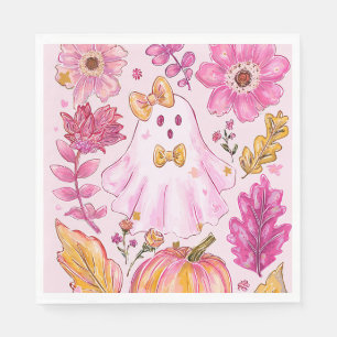 Pastel Pink Halloween Ghost with Flowers and Pumpk Napkin