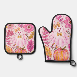 Pastel Pink Halloween Ghost with Flowers and Pumpk Oven Mitt & Pot Holder Set