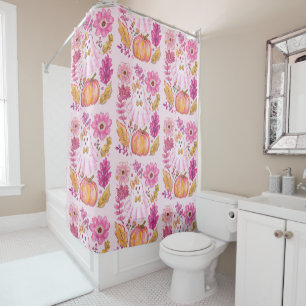 Pastel Pink Halloween Ghost with Flowers and Pumpk Shower Curtain