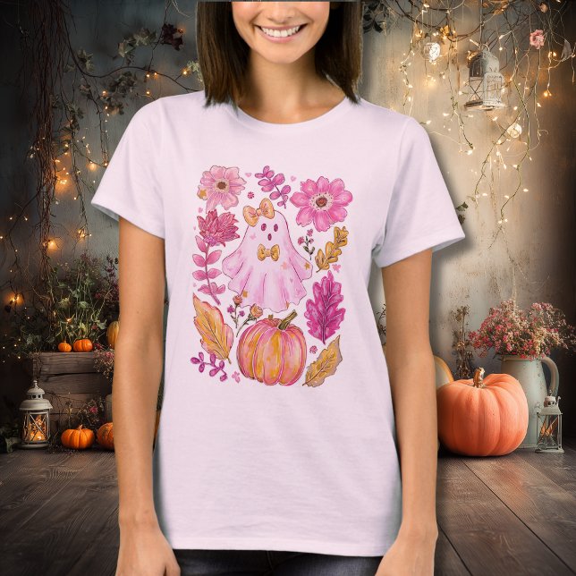 Pastel Pink Halloween Ghost with Flowers and Pumpk T-Shirt (Creator Uploaded)