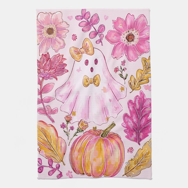 Pastel Pink Halloween Ghost with Flowers and Pumpk Tea Towel (Vertical)