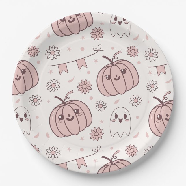 Pastel Pink Halloween Seamless Pattern (2) Paper Plate (Front)
