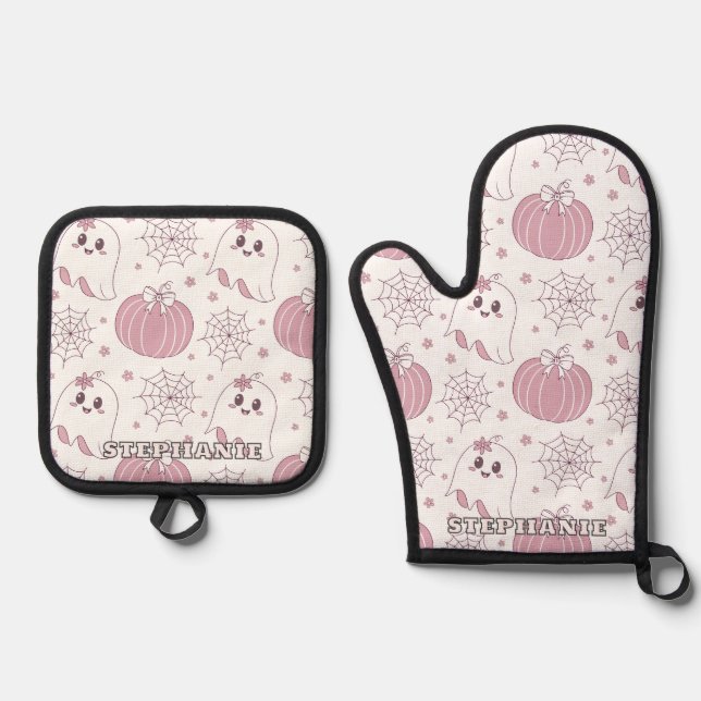 Pastel Pink Halloween Seamless Pattern (3) Oven Mitt & Pot Holder Set (Front)
