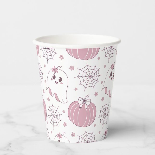 Pastel Pink Halloween Seamless Pattern (3) Paper Cups (Front)