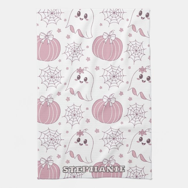 Pastel Pink Halloween Seamless Pattern (3) Tea Towel (Vertical)