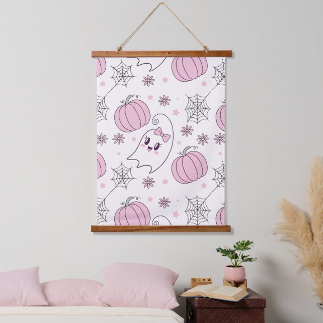 Pastel Pink Halloween Seamless Pattern (4) Hanging Tapestry (Bedroom)