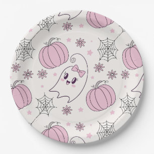 Pastel Pink Halloween Seamless Pattern (4) Paper Plate