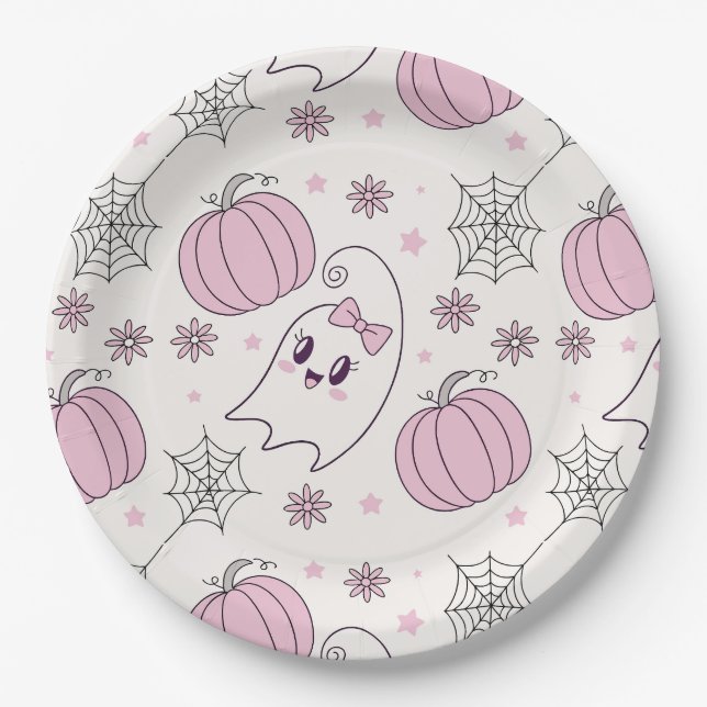 Pastel Pink Halloween Seamless Pattern (4) Paper Plate (Front)