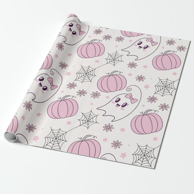 Pastel Pink Halloween Seamless Pattern (4) Wrapping Paper (Unrolled)