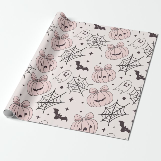 Pastel Pink Halloween Seamless Pattern (5) Wrapping Paper (Unrolled)