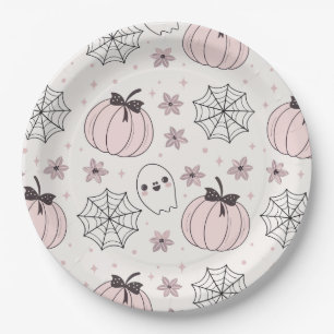 Pastel Pink Halloween Seamless Pattern Paper Plate