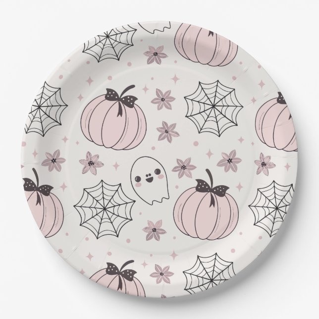 Pastel Pink Halloween Seamless Pattern Paper Plate (Front)