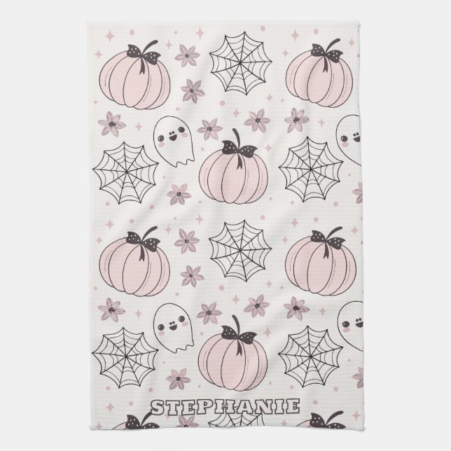 Pastel Pink Halloween Seamless Pattern Tea Towel (Vertical)