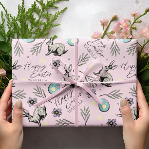 Pastel Pink Happy Easter Bunnies Wrapping Paper