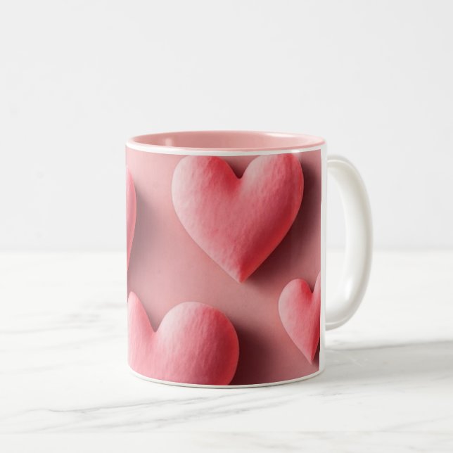 Pastel Pink Heart Pattern Design Two-Tone Coffee Mug (Front Right)