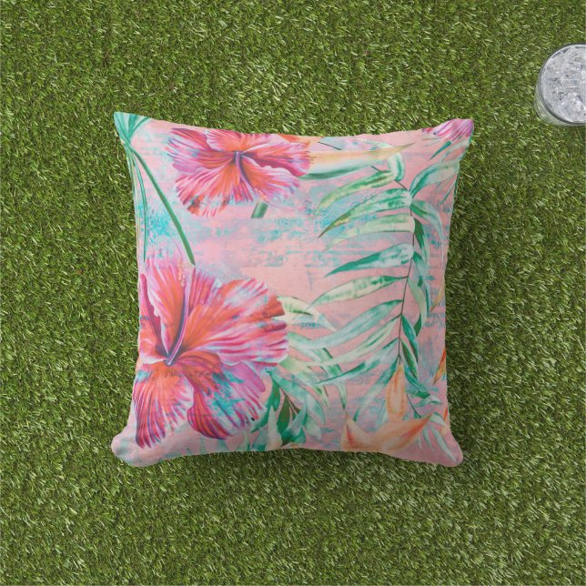 Pastel Pink Hibiscus Flower Throw Pillow (Grass)