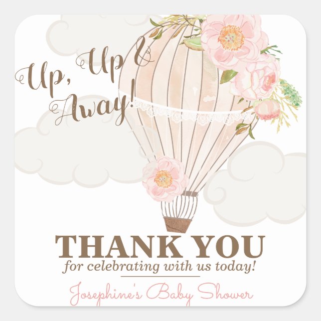Pastel Pink Hot Air Balloon Girl Baby Shower Favou Square Sticker (Front)