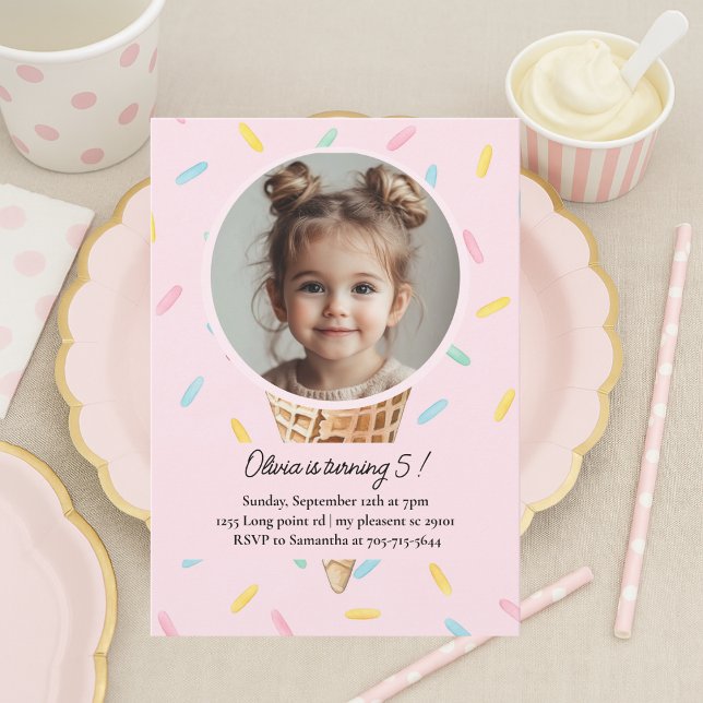 Pastel Pink Ice Cream Photo Birthday  Invitation (Creator Uploaded)