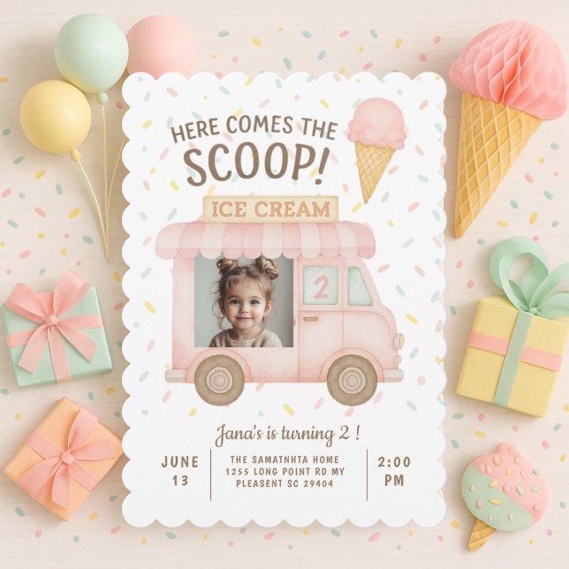 Pastel Pink Ice Cream Truck Photo Birthday  Invitation (Creator Uploaded)