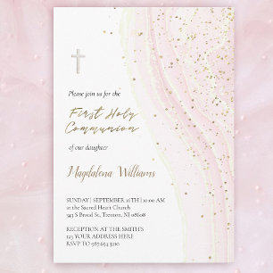pastel pink ink and FAUX glitter   First Communion Invitation