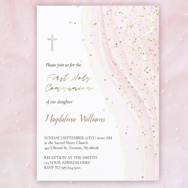 pastel pink ink and FAUX glitter | First Communion Invitation (Creator Uploaded)