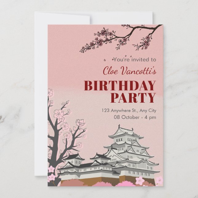 Pastel pink japanese blossom birthday  invitation (Front)