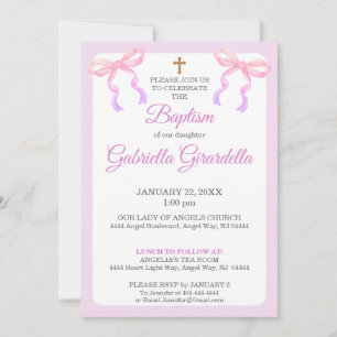Pastel Pink & Lavender Ombre Bow Baptism Invitation