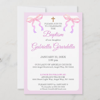 Pastel Pink & Lavender Ombre Bow Baptism Invitation