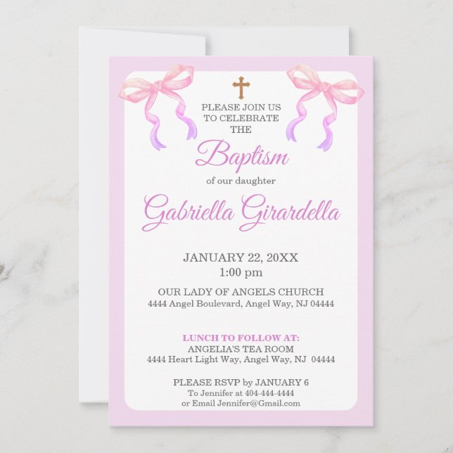Pastel Pink & Lavender Ombre Bow Baptism Invitation (Front)