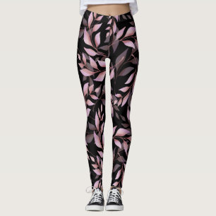 Pastel Pink Leaves on Black Leggings