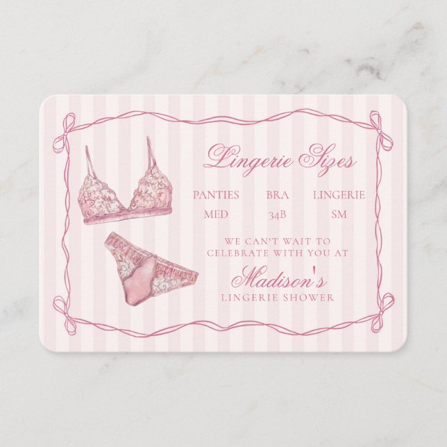 Pastel Pink Lingerie Sizes Shower Bow Enclosure Card (Front)