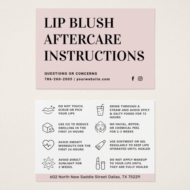 Pastel Pink Lip Blush Lip Tattoo Aftercare Card (Front & Back)