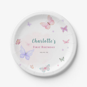 Pastel pink little butterfly birthday paper plate