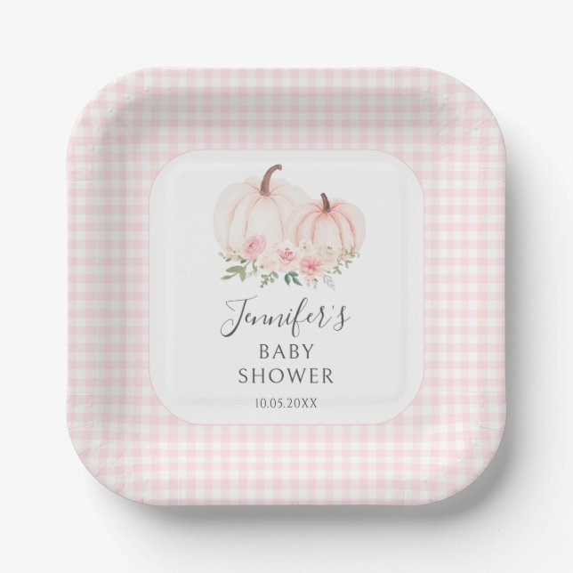 Pastel Pink Little Pumpkin Floral Baby Girl Shower Paper Plate (Front)