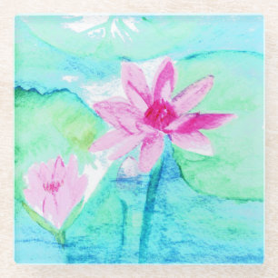 Pastel Pink Lotus Flowers Watercolor Glass Coaster