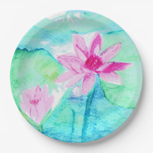Pastel Pink Lotus Flowers Watercolor Paper Plate