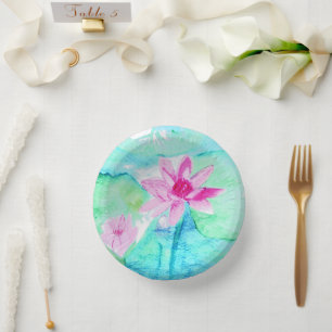 Pastel Pink Lotus Flowers Watercolor Paper Plate
