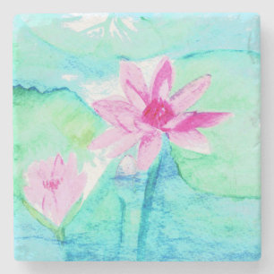Pastel Pink Lotus Flowers Watercolor Stone Coaster