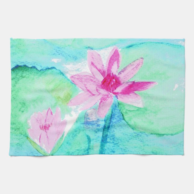 Pastel Pink Lotus Flowers Watercolor Tea Towel (Horizontal)