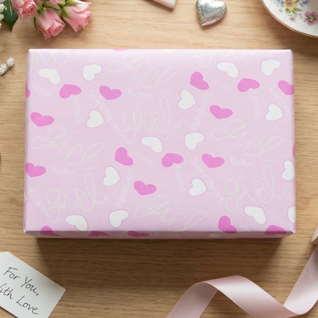 Pastel Pink Love Hearts Wrapping Paper (Sweet pink candy hearts all over. Perfect for Valentine, birthdays, or baby showers. Girly and fun.)