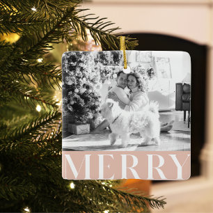 Pastel Pink Merry & Family Photo   Happy Holiday Ceramic Ornament