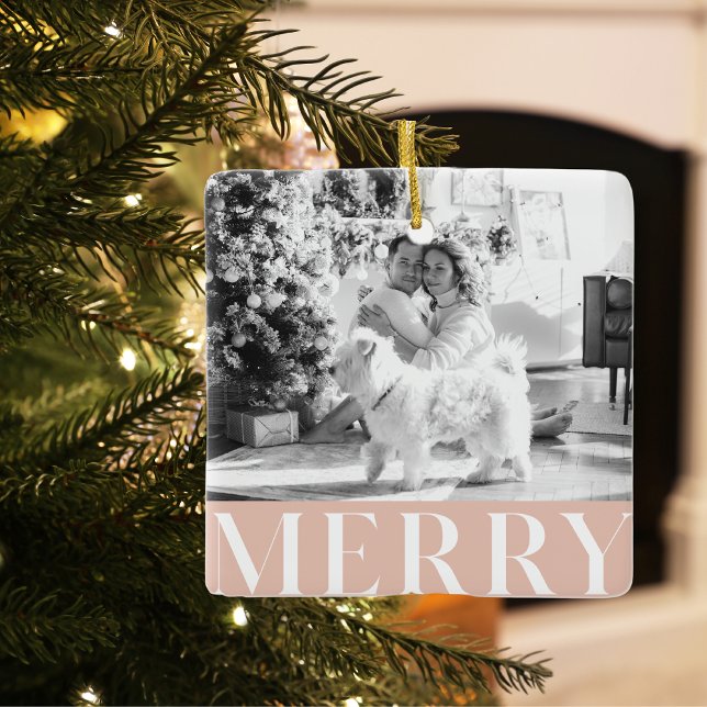 Pastel Pink Merry & Family Photo | Happy Holiday Ceramic Ornament (Creator Uploaded)