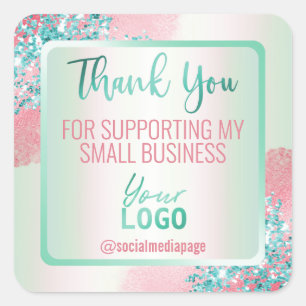 Pastel Pink Mint Blue Thank You Business Logo Square Sticker