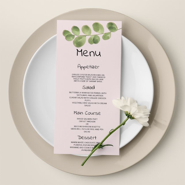 Pastel pink mint gold eucalyptus leaf Wedding Menu (Pastel pink mint gold eucalyptus leaf Wedding Menu)